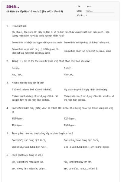 Đề kiểm tra 15p Hóa 10 Học kì 2 (Bài số 2 - Đề số 8)