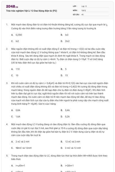 Trắc trắc nghiệm Vật Lí 12 Dao Động điện từ (P2)