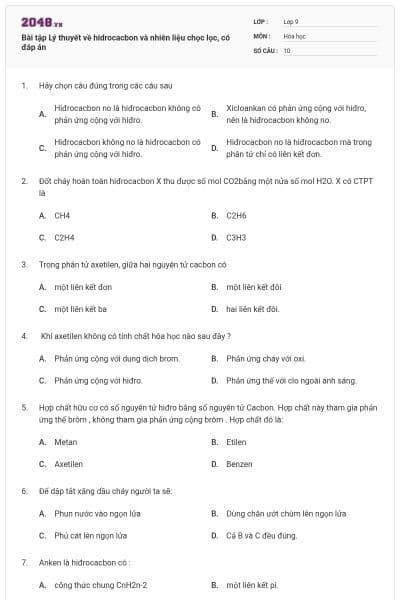 Bài tập Lý thuyết về hidrocacbon và nhiên liệu chọc lọc, có đáp án