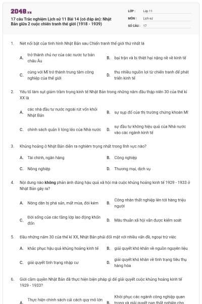 17 câu Trắc nghiệm Lịch sử 11 Bài 14 (có đáp án): Nhật Bản giữa 2 cuộc chiến tranh thế giới (1918 - 1939)