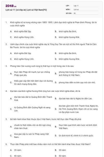 Lịch sử 11 (có đáp án) Lịch sử Việt Nam(P3)
