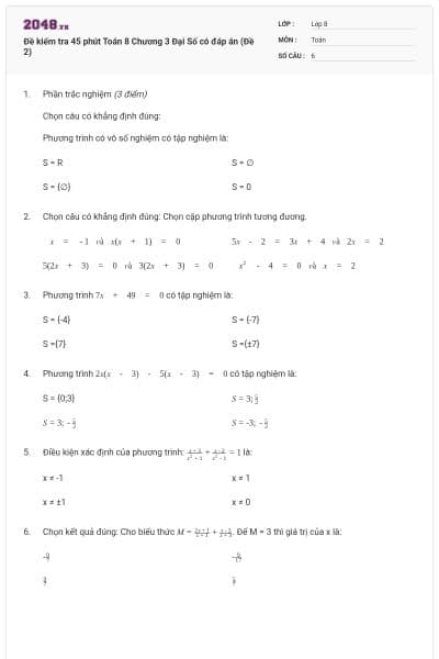 Đề kiểm tra 45 phút Toán 8 Chương 3 Đại Số có đáp án (Đề 2)