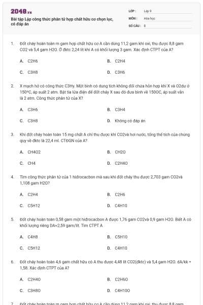 Bài tập Lập công thức phân tử hợp chất hữu cơ chọn lọc, có đáp án