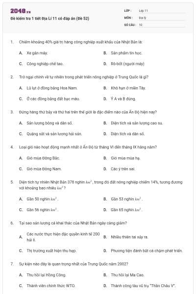 Đề kiểm tra 1 tiết Địa Lí 11 có đáp án (Đề 52)