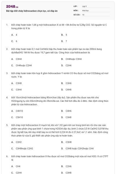 Bài tập đốt cháy hiđrocacbon chọn lọc, có đáp án