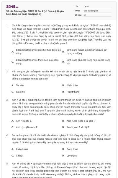 32 câu Trắc nghiệm GDCD 12 Bài 4 (có đáp án): Quyền bình đẳng của công dân (phần 3)