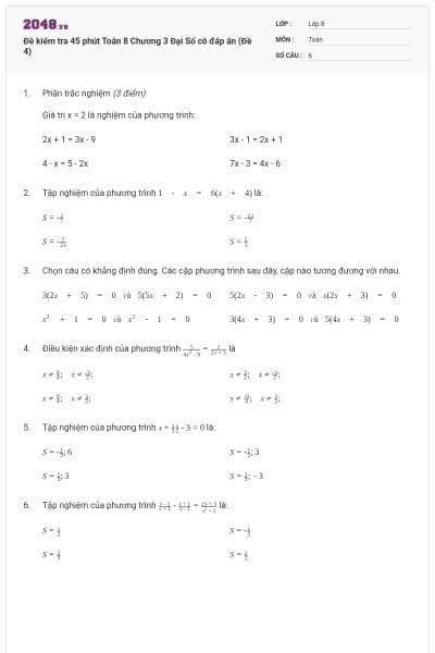 Đề kiểm tra 45 phút Toán 8 Chương 3 Đại Số có đáp án (Đề 4)