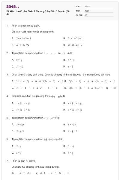 Đề kiểm tra 45 phút Toán 8 Chương 3 Đại Số có đáp án (Đề 4)