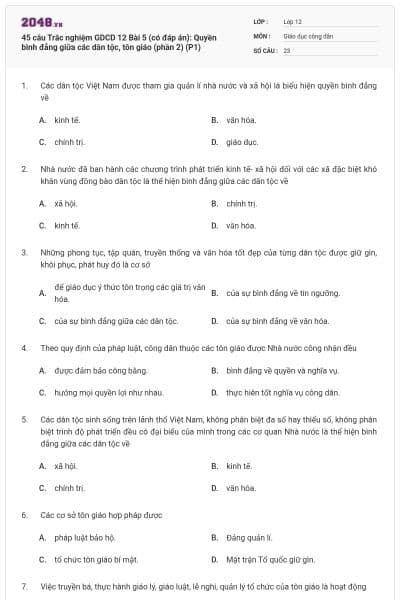 45 câu Trắc nghiệm GDCD 12 Bài 5 (có đáp án): Quyền bình đẳng giữa các dân tộc, tôn giáo (phần 2) (P1)