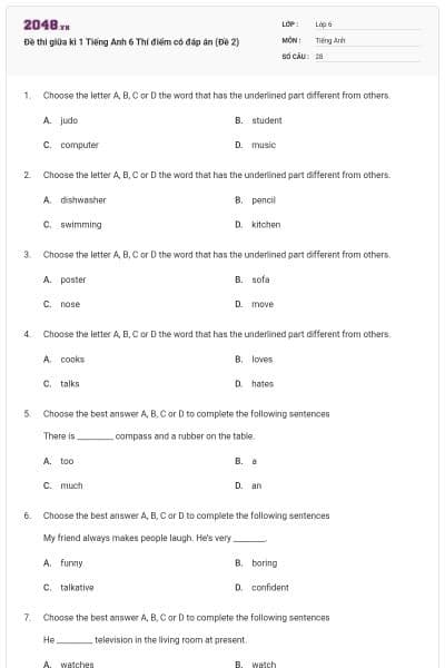 Đề thi giữa kì 1 Tiếng Anh 6 Thí điểm có đáp án (Đề 2)