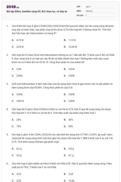 Bài tập Etilen, Axetilen cộng H2, Br2 chọn lọc, có đáp án