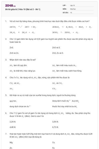 Đề thi giữa kì 2 Hóa 10 (Bài số 2 - Đề 1)