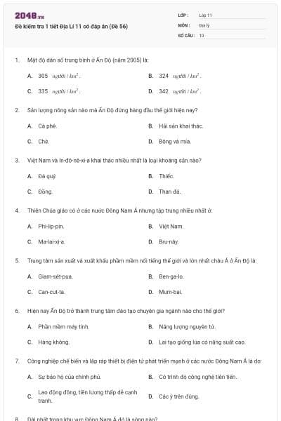 Đề kiểm tra 1 tiết Địa Lí 11 có đáp án (Đề 56)