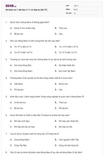 Đề kiểm tra 1 tiết Địa Lí 11 có đáp án (Đề 57)