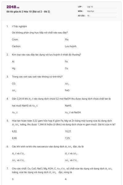 Đề thi giữa kì 2 Hóa 10 (Bài số 2 - Đề 2)