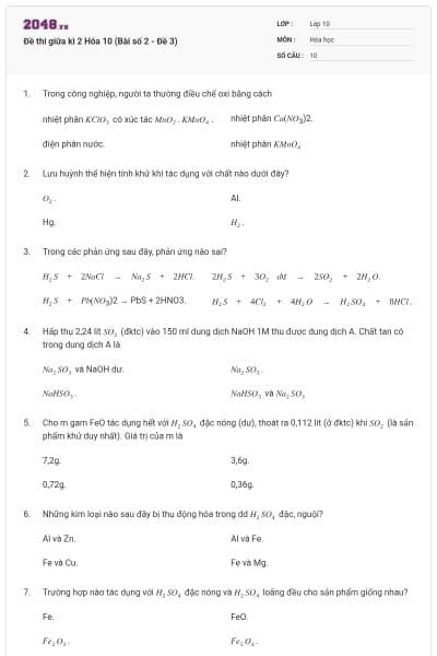 Đề thi giữa kì 2 Hóa 10 (Bài số 2 - Đề 3)