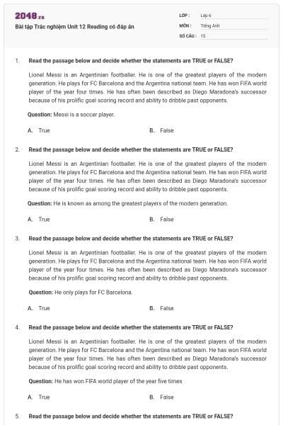 Bài tập Trắc nghiệm Unit 12 Reading có đáp án