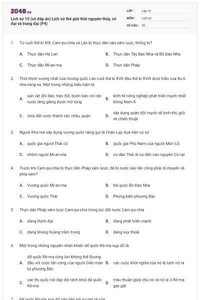 Lịch sử 10 (có đáp án) Lịch sử thế giới thời nguyên thủy, cổ đại và trung đại (P4)