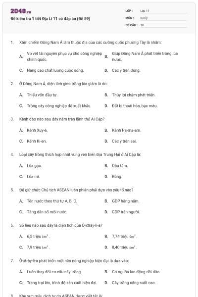 Đề kiểm tra 1 tiết Địa Lí 11 có đáp án (Đề 59)