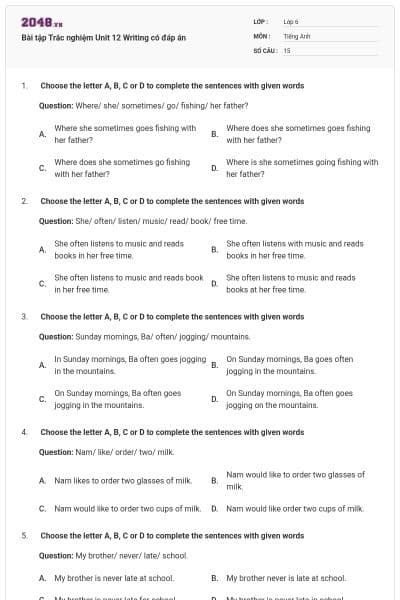 Bài tập Trắc nghiệm Unit 12 Writing có đáp án