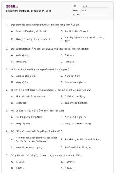 Đề kiểm tra 1 tiết Địa Lí 11 có đáp án (Đề 60)