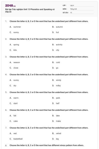 Bài tập Trắc nghiệm Unit 13 Phonetics and Speaking có đáp án
