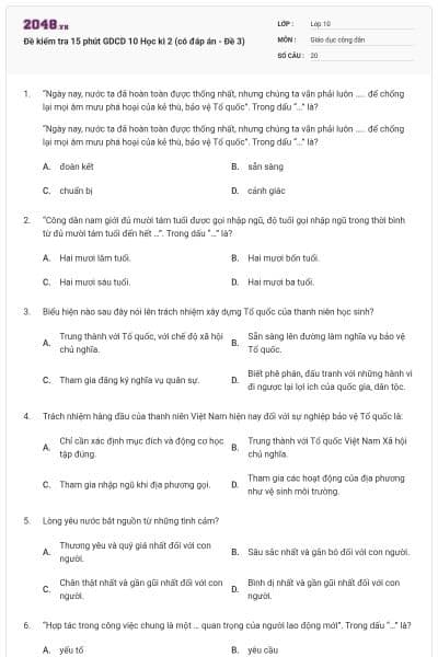 Đề kiểm tra 15 phút GDCD 10 Học kì 2 (có đáp án - Đề 3)