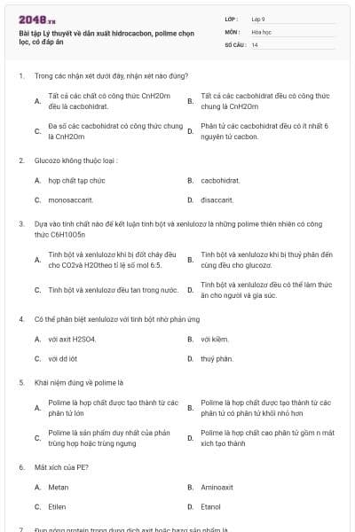 Bài tập Lý thuyết về dẫn xuất hidrocacbon, polime chọn lọc, có đáp án