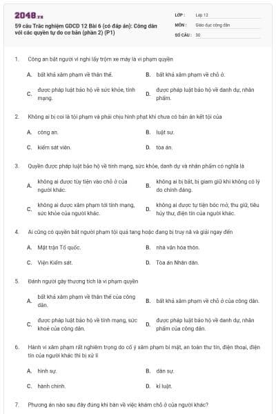 59 câu Trắc nghiệm GDCD 12 Bài 6 (có đáp án): Công dân với các quyền tự do cơ bản (phần 2) (P1)