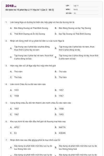 Đề kiểm tra 15 phút Địa Lí 11 Học kì 1 (Lần 2 - Đề 2)