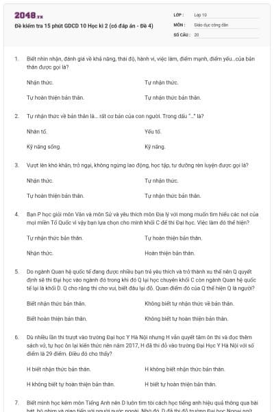 Đề kiểm tra 15 phút GDCD 10 Học kì 2 (có đáp án - Đề 4)