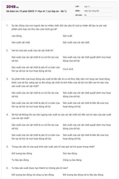Đề kiểm tra 15 phút GDCD 11 Học kì 1 (có đáp án - Đề 1)