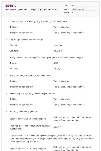 Đề kiểm tra 15 phút GDCD 11 Học kì 1 (có đáp án - Đề 2)
