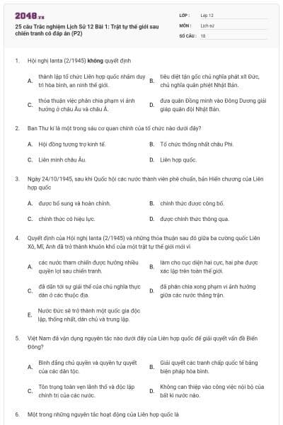 25 câu Trắc nghiệm Lịch Sử 12 Bài 1: Trật tự thế giới sau chiến tranh có đáp án (P2)