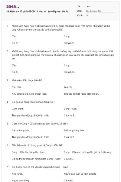 Đề kiểm tra 15 phút GDCD 11 Học kì 1 (có đáp án - Đề 3)