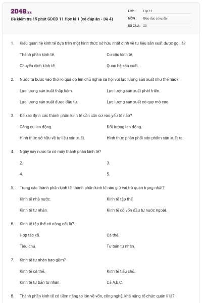 Đề kiểm tra 15 phút GDCD 11 Học kì 1 (có đáp án - Đề 4)