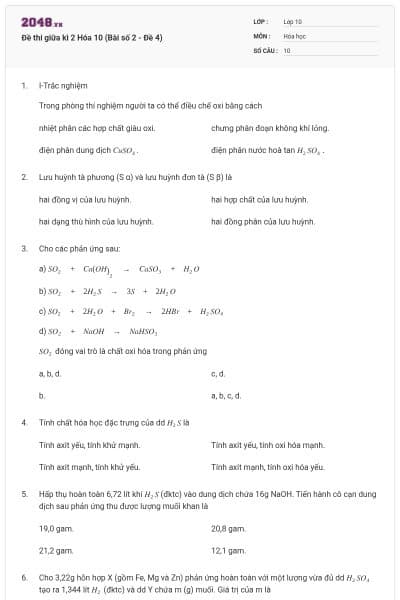 Đề thi giữa kì 2 Hóa 10 (Bài số 2 - Đề 4)