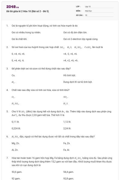 Đề thi giữa kì 2 Hóa 10 (Bài số 2 - Đề 5)