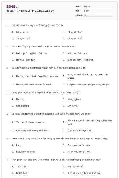 Đề kiểm tra 1 tiết Địa Lí 11 có đáp án (Đề 63)
