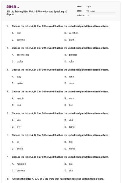 Bài tập Trắc nghiệm Unit 14 Phonetics and Speaking có đáp án