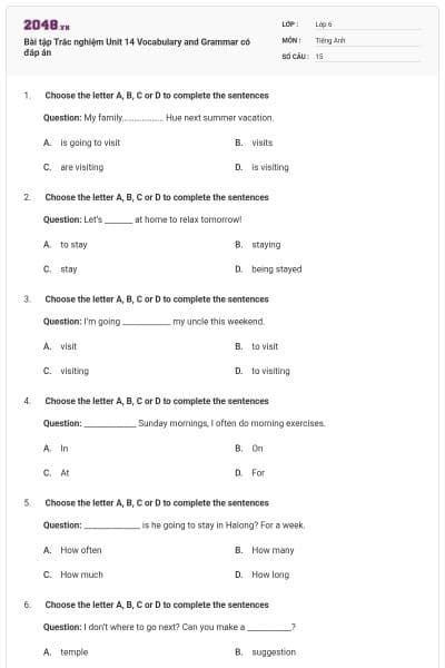 Bài tập Trắc nghiệm Unit 14 Vocabulary and Grammar có đáp án
