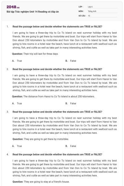 Bài tập Trắc nghiệm Unit 14 Reading có đáp án