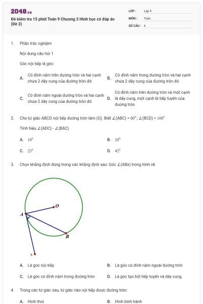 Đề kiểm tra 15 phút Toán 9 Chương 3 Hình học có đáp án (Đề 3)