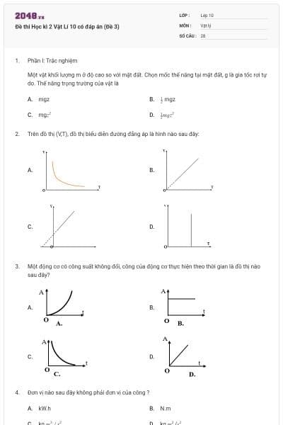 Đề thi Học kì 2 Vật Lí 10 có đáp án (Đề 3)