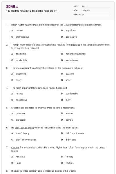 100 câu trắc nghiệm Từ đồng nghĩa nâng cao (P1)