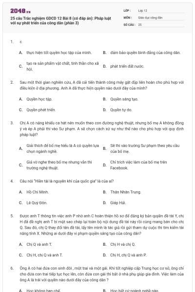 25 câu Trắc nghiệm GDCD 12 Bài 8 (có đáp án): Pháp luật với sự phát triển của công dân (phần 3)