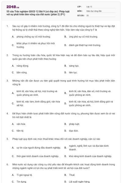 55 câu Trắc nghiệm GDCD 12 Bài 9 (có đáp án): Pháp luật với sự phát triển bền vững của đất nước (phần 2) (P1)