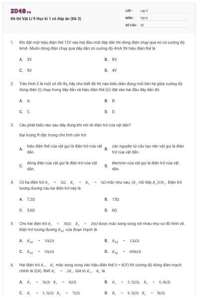 Đề thi Vật Lí 9 Học kì 1 có đáp án (Đề 3)