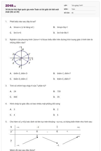 30 Đề thi thử thpt quốc gia môn Toán có lời giải chi tiết mới nhất (Đề số 30)