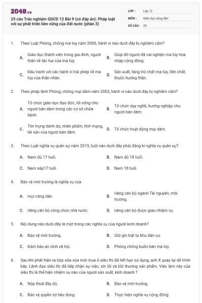 25 câu Trắc nghiệm GDCD 12 Bài 9 (có đáp án): Pháp luật với sự phát triển bền vững của đất nước (phần 3)
